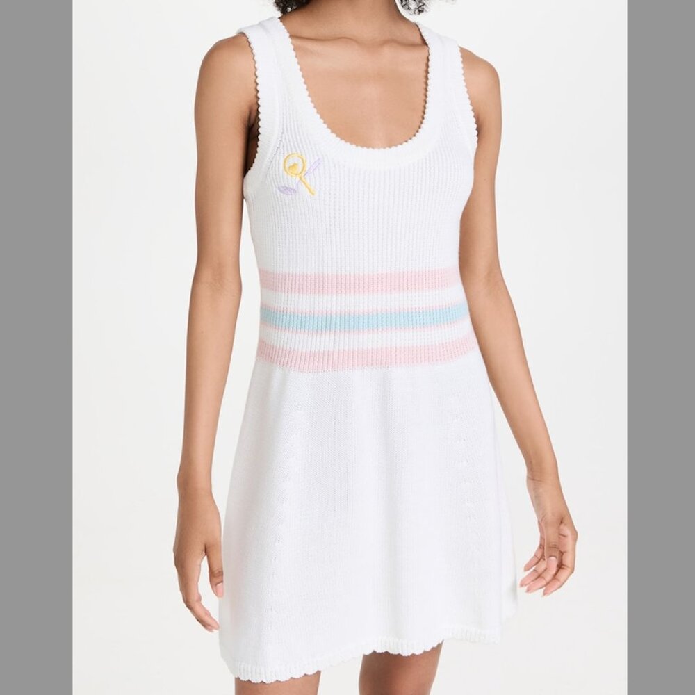 LoveShackFancy White Knit Mini Dress with Pastel Stripes